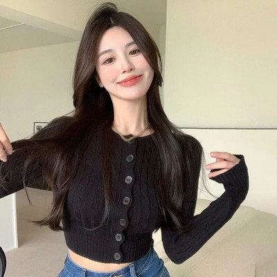 Pleteni kardigan Ženski kaput dugih rukava, korejski pulover s okruglim izrezom Vintage, uski, kratki topovi, proljeće