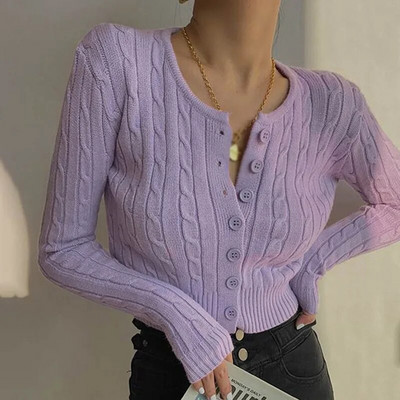 Pleteni kardigan Ženski kaput dugih rukava, korejski pulover s okruglim izrezom Vintage, uski, kratki topovi, proljeće