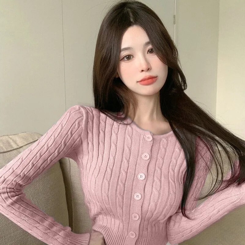 Pleteni kardigan Ženski kaput dugih rukava, korejski pulover s okruglim izrezom Vintage, uski, kratki topovi, proljeće