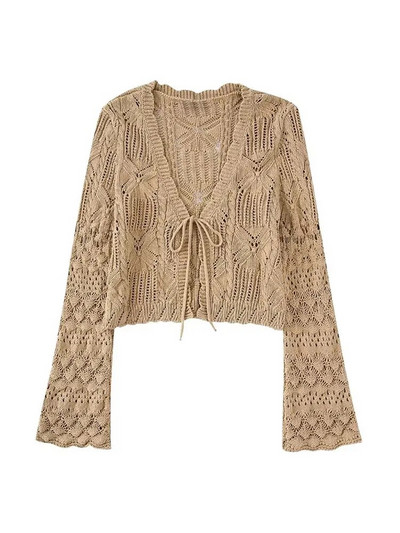 TRAF Ženska modna pletena vesta na kopču s prednjim vezanjem, vintage V izrez dugih rukava Ženska gornja odjeća Chic Topovi