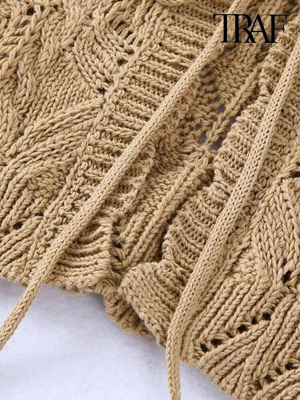 TRAF Ženska modna pletena vesta na kopču s prednjim vezanjem, vintage V izrez dugih rukava Ženska gornja odjeća Chic Topovi