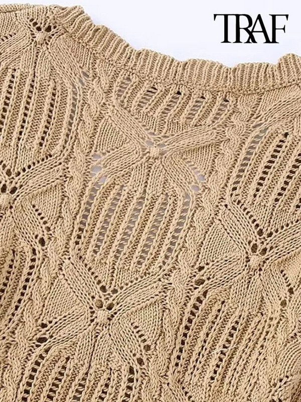 TRAF Ženska modna pletena vesta na kopču s prednjim vezanjem, vintage V izrez dugih rukava Ženska gornja odjeća Chic Topovi