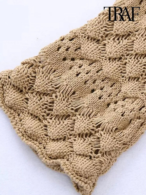 TRAF Ženska modna pletena vesta na kopču s prednjim vezanjem, vintage V izrez dugih rukava Ženska gornja odjeća Chic Topovi