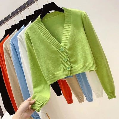 Cardigan decupat tricotat Femei Pulover scurt coreeană cu mânecă lungă Crop Top cu decolteu în V Moda Y2k Haine Verde Albastru