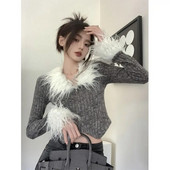 Luksuzni pleteni kardigan s patentnim zatvaračem Ženski korejski modni skraćeni džemper 2023. Jesen Zima Novo u gornjem dijelu dugih rukava Pletena odjeća od umjetnog krzna