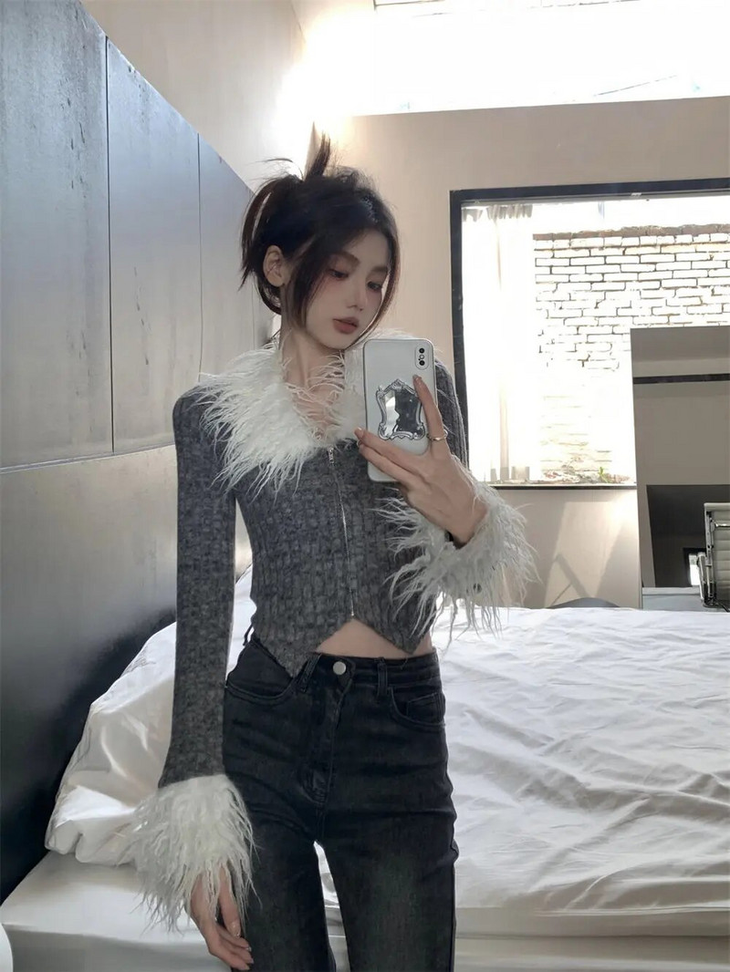 Luksuzni pleteni kardigan s patentnim zatvaračem Ženski korejski modni skraćeni džemper 2023. Jesen Zima Novo u gornjem dijelu dugih rukava Pletena odjeća od umjetnog krzna