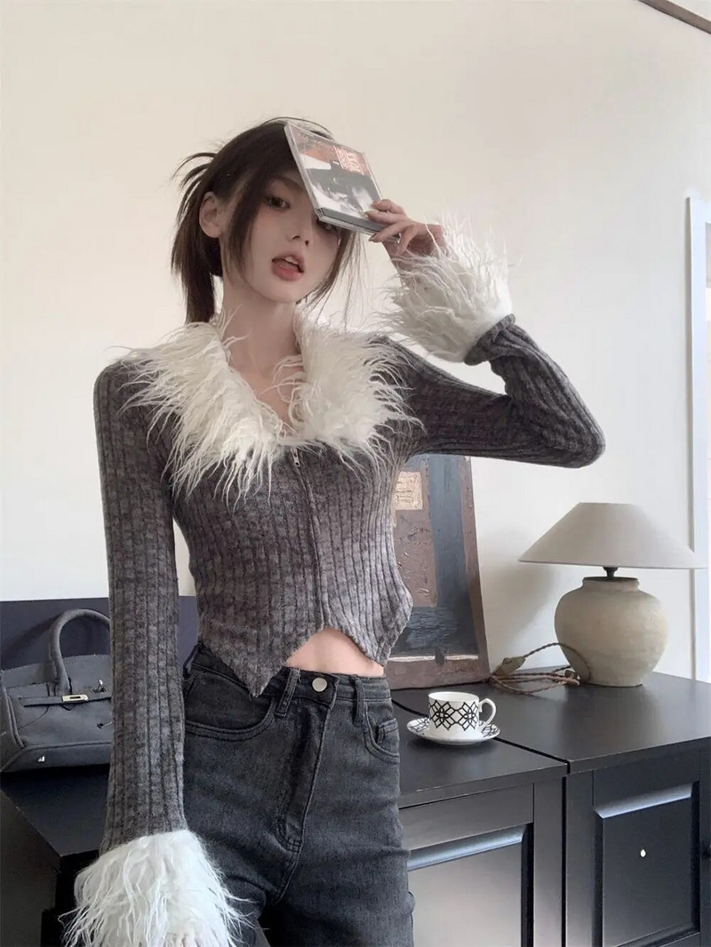 Luksuzni pleteni kardigan s patentnim zatvaračem Ženski korejski modni skraćeni džemper 2023. Jesen Zima Novo u gornjem dijelu dugih rukava Pletena odjeća od umjetnog krzna