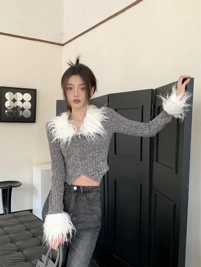 Luksuzni pleteni kardigan s patentnim zatvaračem Ženski korejski modni skraćeni džemper 2023. Jesen Zima Novo u gornjem dijelu dugih rukava Pletena odjeća od umjetnog krzna