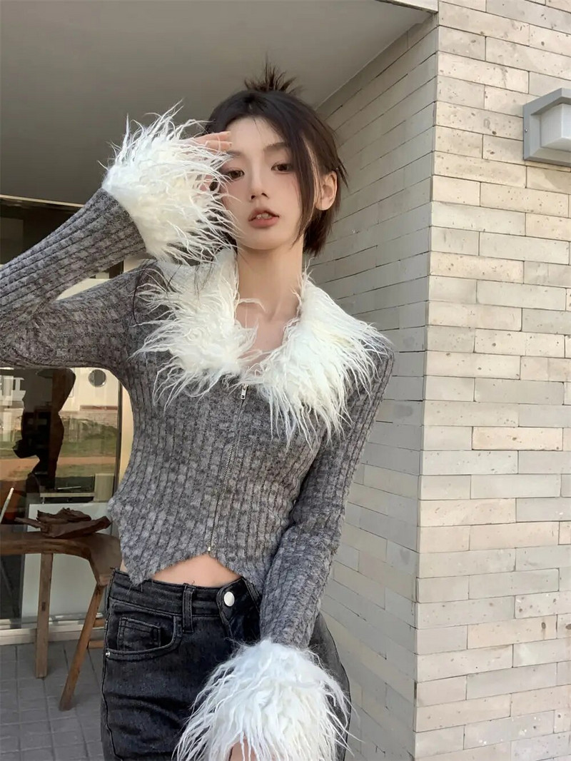 Luksuzni pleteni kardigan s patentnim zatvaračem Ženski korejski modni skraćeni džemper 2023. Jesen Zima Novo u gornjem dijelu dugih rukava Pletena odjeća od umjetnog krzna