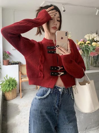 Crop Knit Ζακέτα Γυναικεία Κορεάτικη δερμάτινη αγκράφα Oversize μακρυμάνικο πουλόβερ Top fashion πλεκτά τοπ 2023 Φθινοπωρινά εξωτερικά ενδύματα Νέα