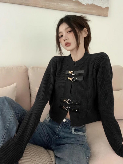 Obrezani pleteni kardigan Ženska korejska kožna kopča Oversize džemper dugih rukava Gornja modna pletena gornja odjeća za jesen 2023. Novo