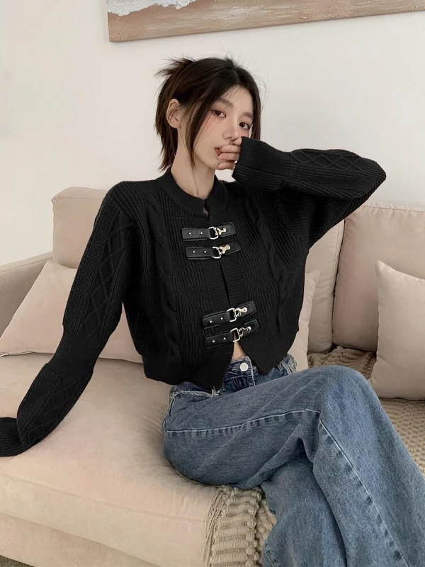 Obrezani pleteni kardigan Ženska korejska kožna kopča Oversize džemper dugih rukava Gornja modna pletena gornja odjeća za jesen 2023. Novo