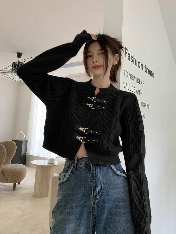 Obrezani pleteni kardigan Ženska korejska kožna kopča Oversize džemper dugih rukava Gornja modna pletena gornja odjeća za jesen 2023. Novo