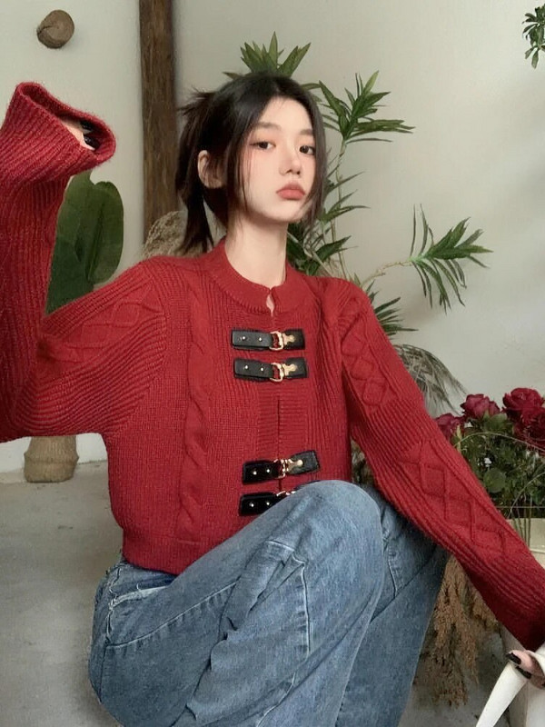 Obrezani pleteni kardigan Ženska korejska kožna kopča Oversize džemper dugih rukava Gornja modna pletena gornja odjeća za jesen 2023. Novo