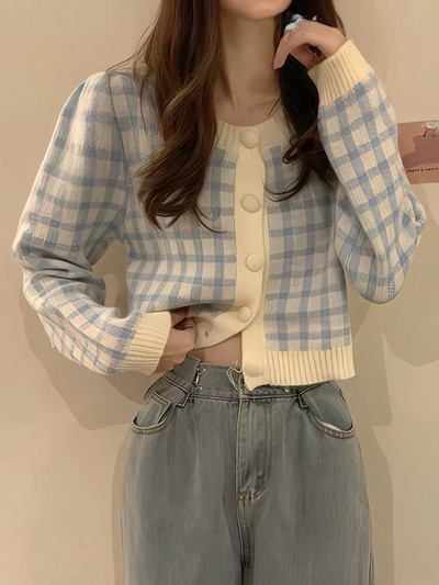 Korejski nježni karirani pleteni kardigan dugih rukava Proljeće Jesen Gornja odjeća Kratki pulover Omladinska elegantna pletena odjeća 2023 Novo
