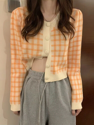 Korejski nježni karirani pleteni kardigan dugih rukava Proljeće Jesen Gornja odjeća Kratki pulover Omladinska elegantna pletena odjeća 2023 Novo