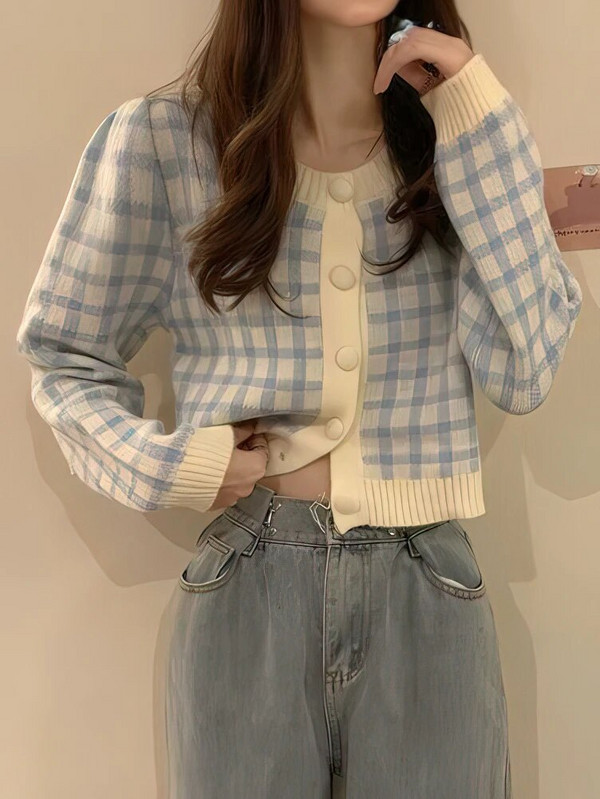Korejski nježni karirani pleteni kardigan dugih rukava Proljeće Jesen Gornja odjeća Kratki pulover Omladinska elegantna pletena odjeća 2023 Novo