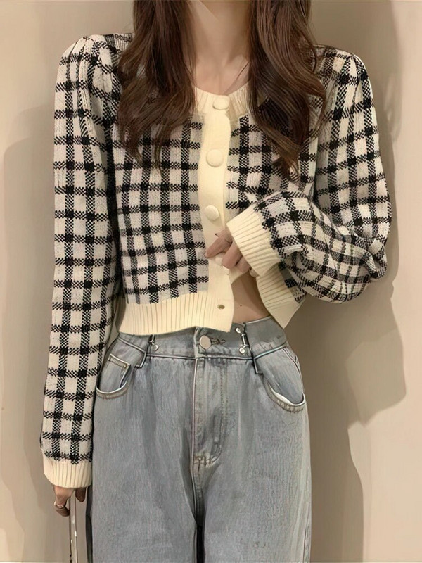 Korejski nježni karirani pleteni kardigan dugih rukava Proljeće Jesen Gornja odjeća Kratki pulover Omladinska elegantna pletena odjeća 2023 Novo