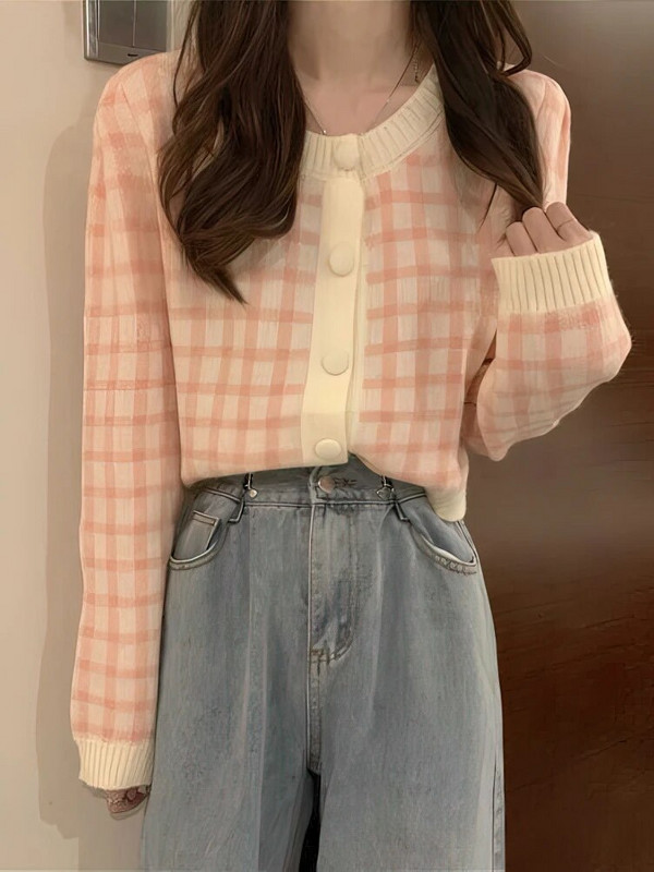 Korejski nježni karirani pleteni kardigan dugih rukava Proljeće Jesen Gornja odjeća Kratki pulover Omladinska elegantna pletena odjeća 2023 Novo