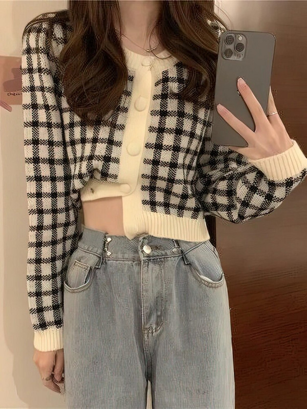 Korejski nježni karirani pleteni kardigan dugih rukava Proljeće Jesen Gornja odjeća Kratki pulover Omladinska elegantna pletena odjeća 2023 Novo
