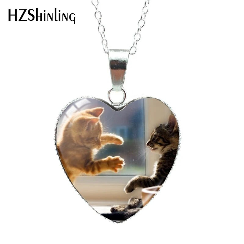 2020. gads multfilmas kaķi, sirds formas stikla kupols, kakla kakls, mode, mīļi dzīvnieki, roku darbs, amatniecība, rotaslietas hz3
