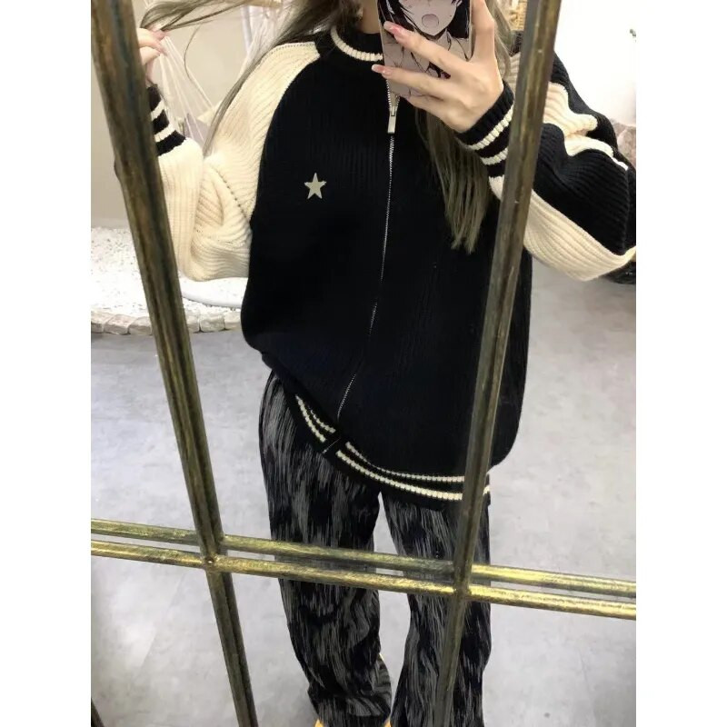 Deeptown Kpop Vintage Star džemperis jakas Sieviešu korejiešu modes raibs rāvējslēdzēja džemperis Harajuku ielas apģērbs, liela izmēra trikotāžas tops