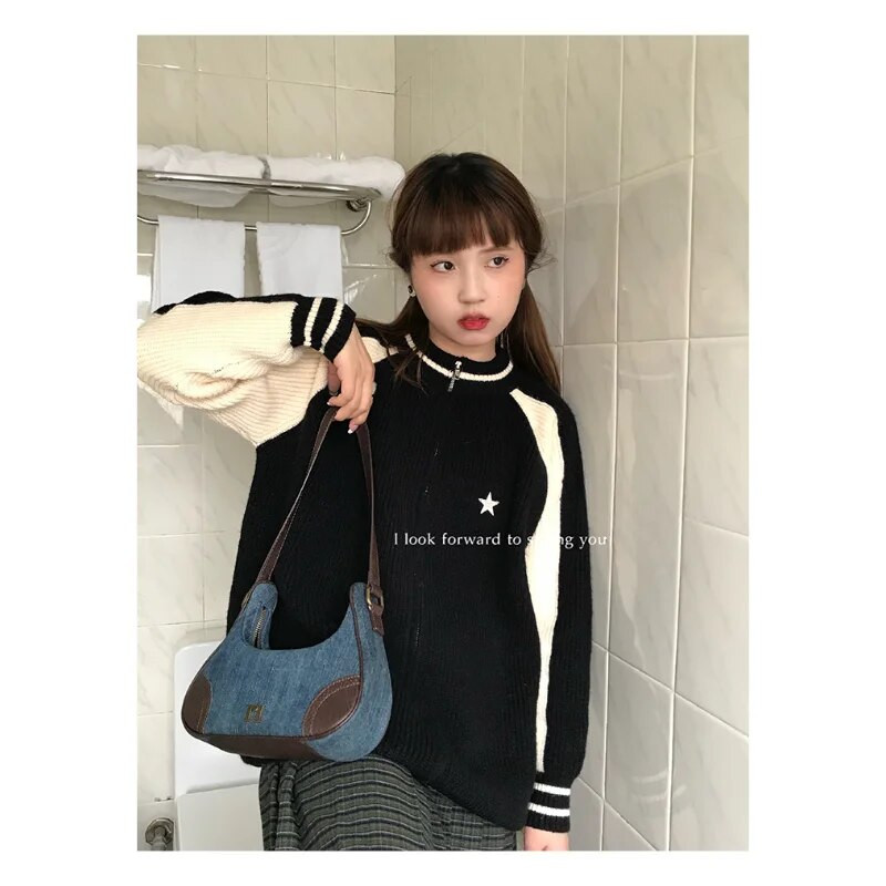 Deeptown Kpop Vintage Star džemperis jakas Sieviešu korejiešu modes raibs rāvējslēdzēja džemperis Harajuku ielas apģērbs, liela izmēra trikotāžas tops