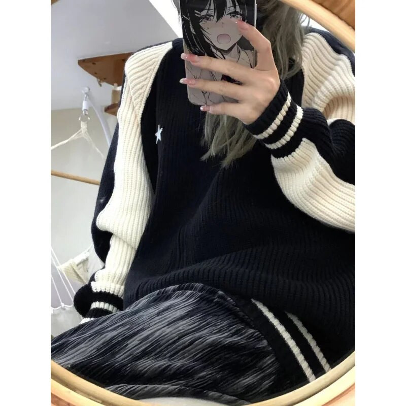 Deeptown Kpop Vintage Star džemperis jakas Sieviešu korejiešu modes raibs rāvējslēdzēja džemperis Harajuku ielas apģērbs, liela izmēra trikotāžas tops