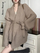 Pahuljasti ženski kardigan s v-izrezom u Engleskoj Labavi šik, midi gornji dio od grube pređe, jesenski pojas, ženski pleteni, elegantni pulover