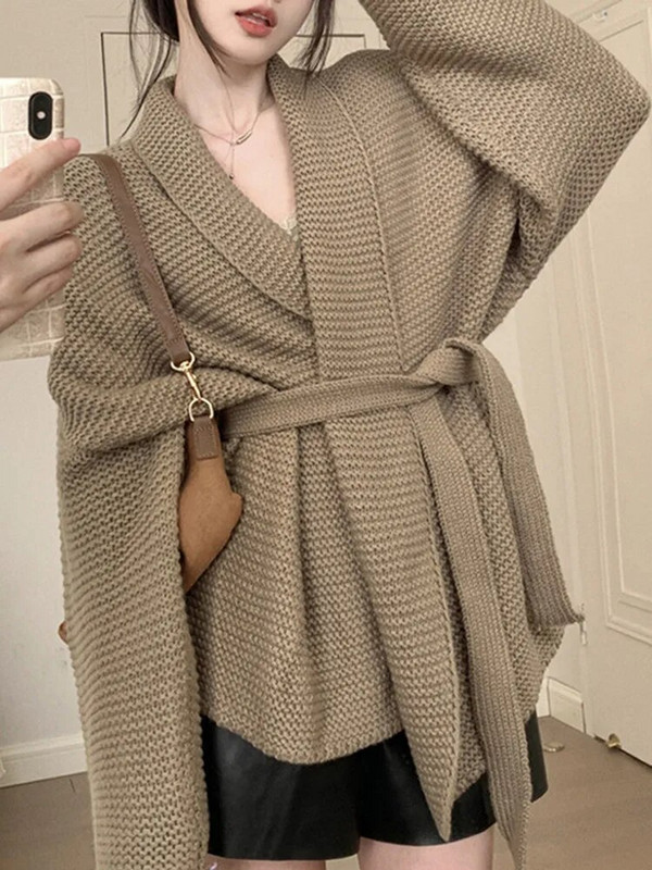 Pahuljasti ženski kardigan s v-izrezom u Engleskoj Labavi šik, midi gornji dio od grube pređe, jesenski pojas, ženski pleteni, elegantni pulover