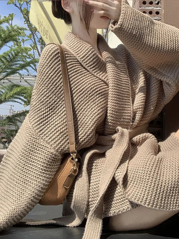 Pahuljasti ženski kardigan s v-izrezom u Engleskoj Labavi šik, midi gornji dio od grube pređe, jesenski pojas, ženski pleteni, elegantni pulover