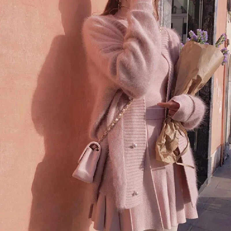 Jesen Zima Jednoredno kopčanje od imitacije minka od baršuna Pleteni kardigan Elegantni biserni gumbi Ženska odjeća Korejski džemper kaputi