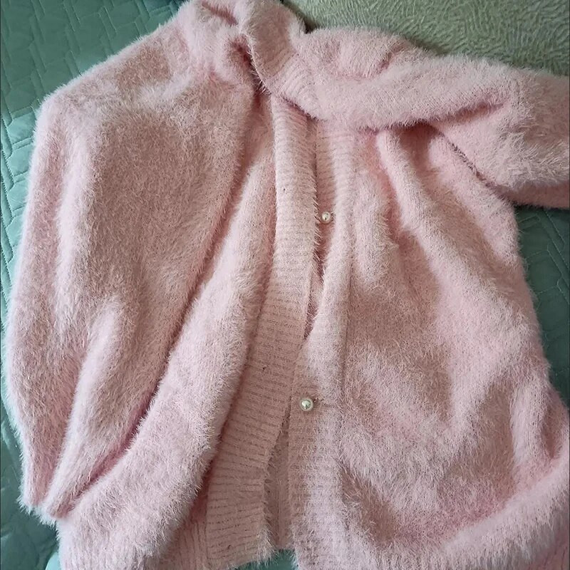 Jesen Zima Jednoredno kopčanje od imitacije minka od baršuna Pleteni kardigan Elegantni biserni gumbi Ženska odjeća Korejski džemper kaputi