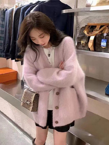 Корейска плътна дамска пухкава жилетка Мека широка сладка кашмирена жилетка с дълги ръкави Есенно палто с копчета Женско шик плетено горнище