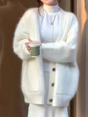 Корейска плътна дамска пухкава жилетка Мека широка сладка кашмирена жилетка с дълги ръкави Есенно палто с копчета Женско шик плетено горнище