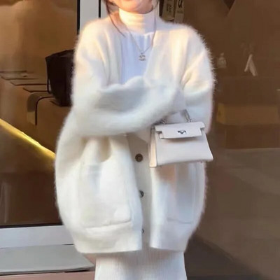 Korejas solīdi sieviete, pūkains jaciņš, mīksts ar garām piedurknēm brīvs, salds kašmira džemperis rudens poga Sieviešu šiks trikotāžas tops