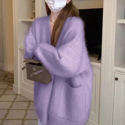 Korejas solīdi sieviete, pūkains jaciņš, mīksts ar garām piedurknēm brīvs, salds kašmira džemperis rudens poga Sieviešu šiks trikotāžas tops