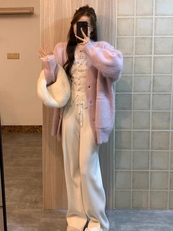 Korejas solīdi sieviete, pūkains jaciņš, mīksts ar garām piedurknēm brīvs, salds kašmira džemperis rudens poga Sieviešu šiks trikotāžas tops