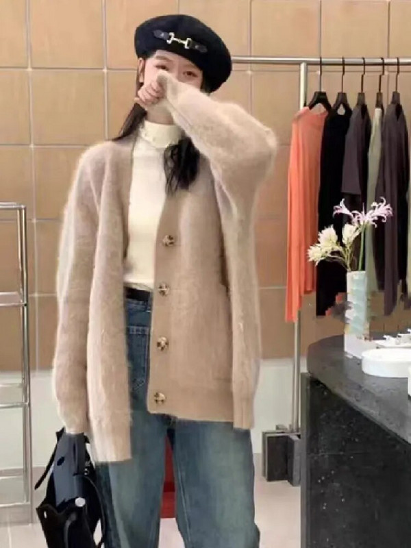 Korejas solīdi sieviete, pūkains jaciņš, mīksts ar garām piedurknēm brīvs, salds kašmira džemperis rudens poga Sieviešu šiks trikotāžas tops