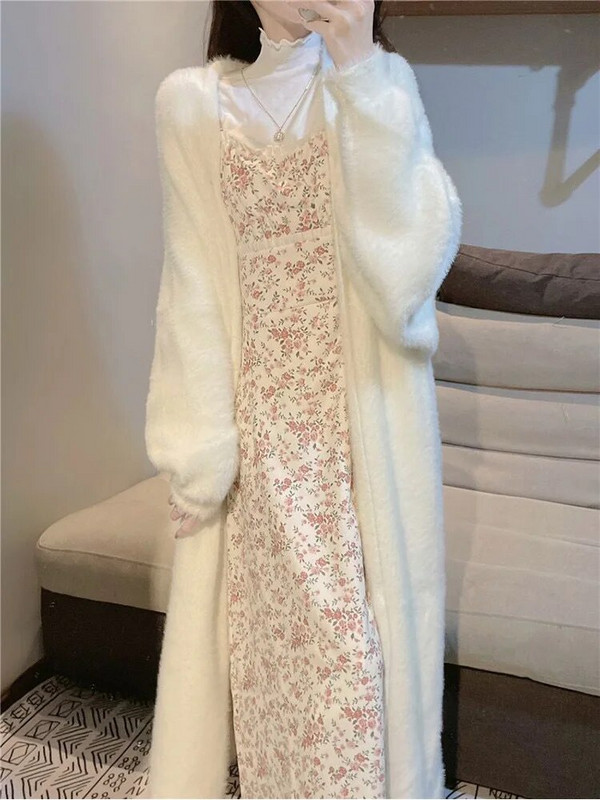 Zimski topli pleteni pulover Ženski kardigan od umjetne nerca od kašmira Labavi na povlačenje Ženski šišmiš rukavi Dugi kaput Gornja odjeća