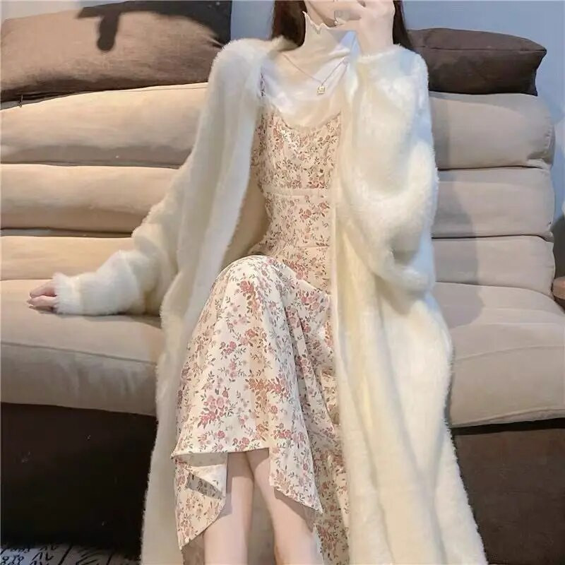 Zimski topli pleteni pulover Ženski kardigan od umjetne nerca od kašmira Labavi na povlačenje Ženski šišmiš rukavi Dugi kaput Gornja odjeća