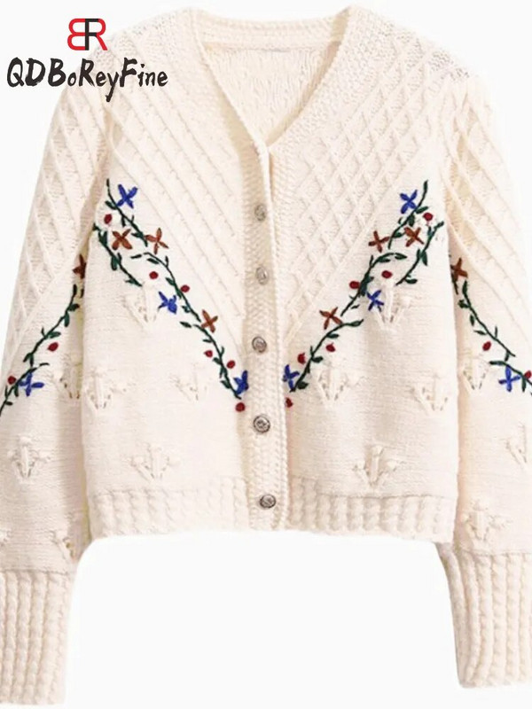 Zima Jesen Pleteni kardigan kaput Ženski slatki cvjetni vez Kuka Top dugih rukava Kratki ležerni skraćeni pulover za žene