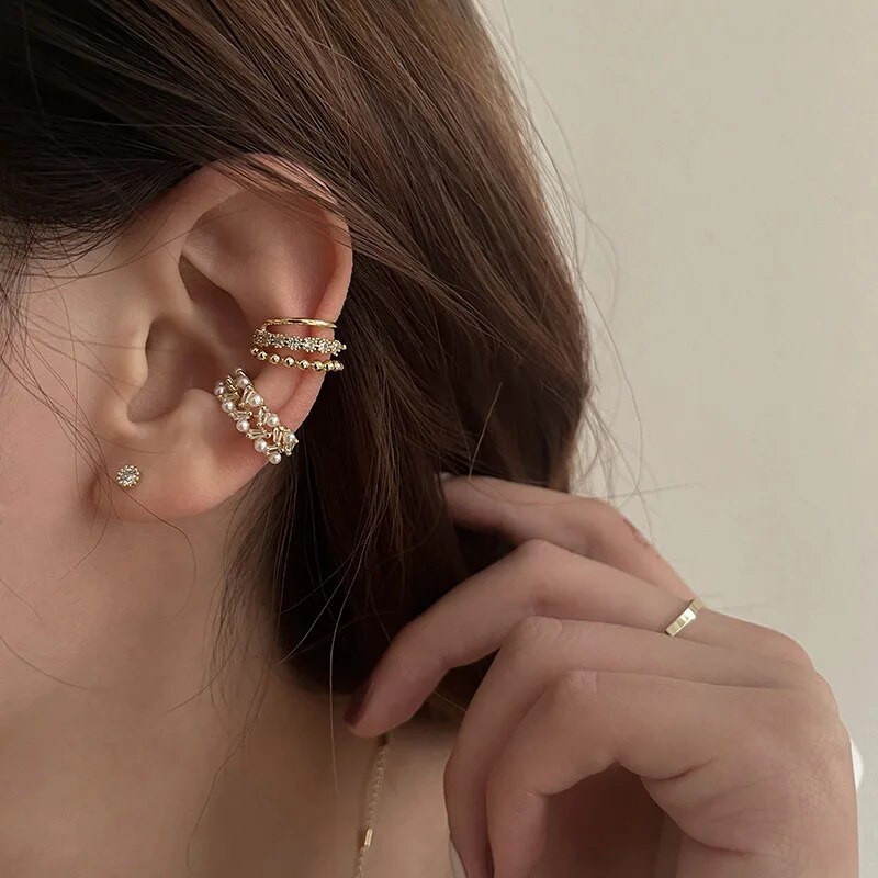 Κορεατική μόδας διπλής στρώσης μαργαριταρένια σκουλαρίκια με κλιπ για γυναίκες κορίτσια Πολυτελές κλιπ ζιργκόν για μανσέτες αυτιού χωρίς τρυπημένη μανσέτα στο αυτί Jewerly