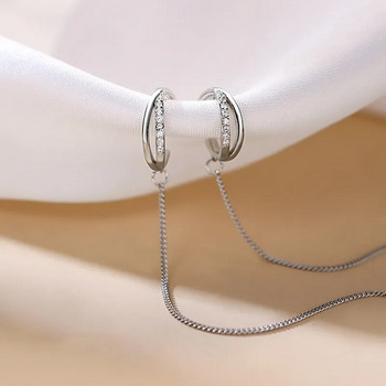 Корейски сребърни цветни обеци с кръстосана щипка Верига с пискюли Линия за жени Двойно носене Мода Геометричен креативен дизайн Бижута Подарък