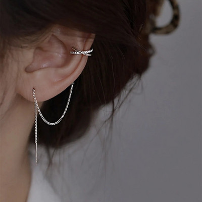 Koreai ezüst színű keresztcsipesz fülbevaló lánc bojtsor női két viseletre, divatos geometriai kreatív design ékszer ajándék