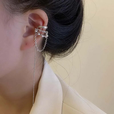 Koreai ezüst színű keresztcsipesz fülbevaló lánc bojtsor női két viseletre, divatos geometriai kreatív design ékszer ajándék