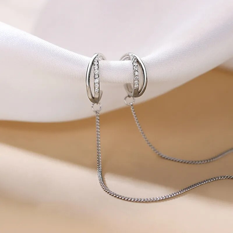 Koreai ezüst színű keresztcsipesz fülbevaló lánc bojtsor női két viseletre, divatos geometriai kreatív design ékszer ajándék