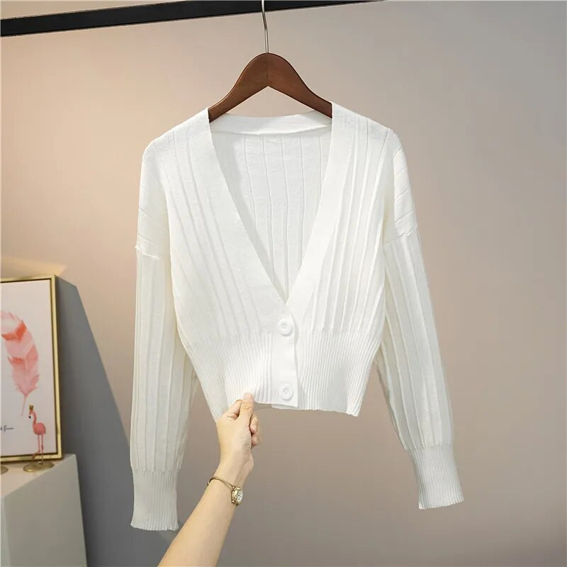 UHYTGF džemperis Sieviešu trikotāžas džemperis Mētelis Pavasara Rudens Apģērbs Sieviešu Džemperi Garām piedurknēm Īss Džemperis V-veida kakla topi 891