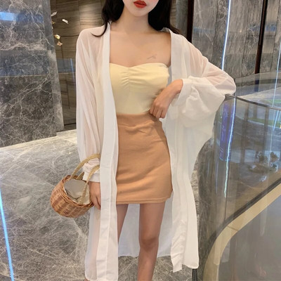 Ljeto, novi kaput s mjehurićim rukavima i kremom za sunčanje, jednobojni široki srednji i dugi kardigan od šifona, gornje majice, modna, elegantna ženska odjeća