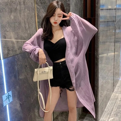 Ljeto, novi kaput s mjehurićim rukavima i kremom za sunčanje, jednobojni široki srednji i dugi kardigan od šifona, gornje majice, modna, elegantna ženska odjeća